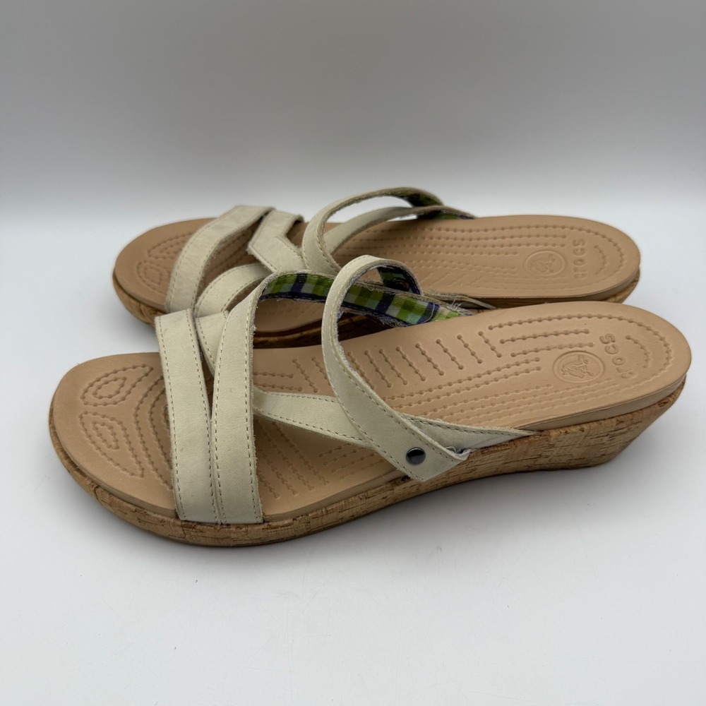Crocs A-Leigh Wedge Sandals Cork Platform Strappy‎ Casual Beige Women's Size 10
